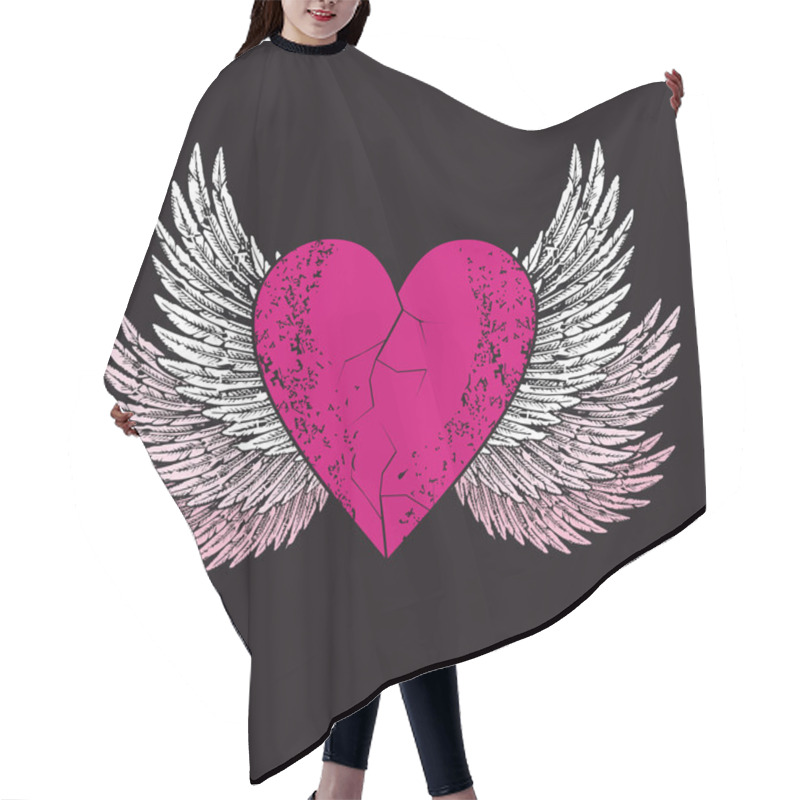 Personality  Vector Design For T-shirt Of A Pink Heart With Wings Isolated On Black. Illustration Of A Broken Heart Flying. Hair Cutting Cape