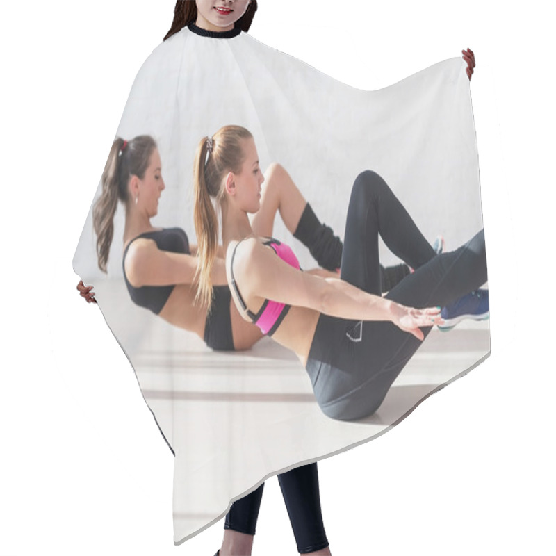 Personality  Two Sporty Women Doing Exercise Abdominal Crunches, Pumping A Press On Floor In Gym Concept Training Exercising Workout Fitness Aerobic Side View Hair Cutting Cape