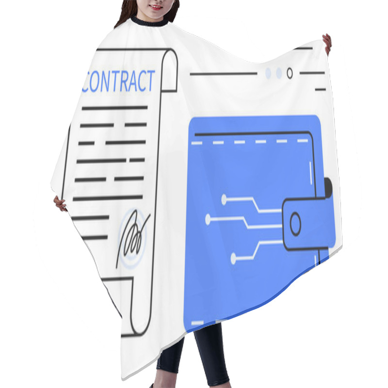 Personality  Contract Scroll With Signature Next To Electronic Wallet In Shades Of Blue And White. Ideal For Secure Transactions, E-commerce, Fintech, Blockchain, Digital Agreements, Online Payments Hair Cutting Cape