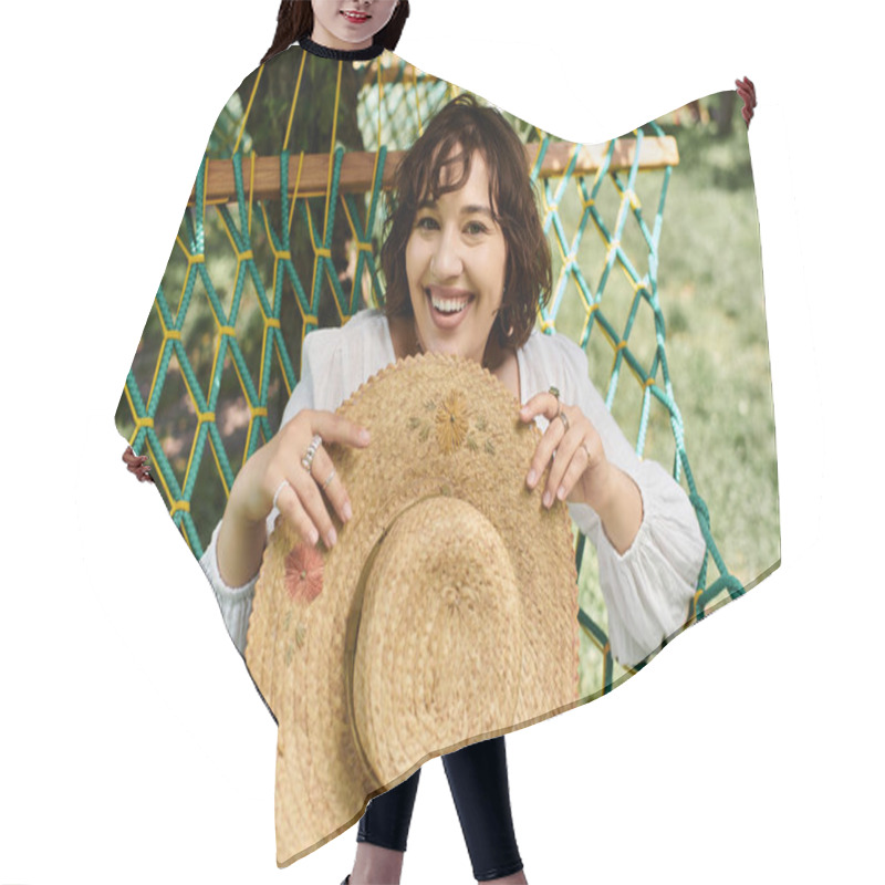 Personality  A Young Woman In A White Dress And Straw Hat Relaxes In A Hammock On A Summer Day. Hair Cutting Cape