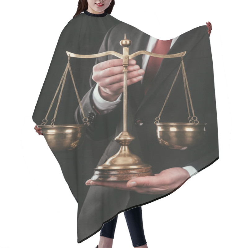 Personality  Cropped Shot Of Lawyer Holding Justice Scales Isolated On Black Hair Cutting Cape