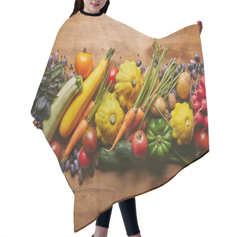 Personality  Food Composition With Vegetables And Beans On Wooden Table Hair Cutting Cape