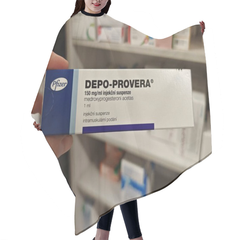 Personality  Prague, Czech Republic - July 9 2024: DEPO-PROVERA Box Of Medication With Medroxyprogesterone Acetate Active Substance By Pfizer, Used For Treatment Of Contraception, Menstrual Disorders, Endometriosi Hair Cutting Cape