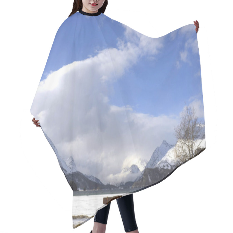 Personality  Bench Looking Solitary At Frozen Sils Lake In Engadin Switzerland With Snow Alps Mountains Hair Cutting Cape