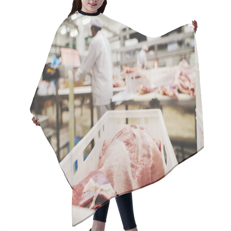 Personality  Workers At Meet Industry Handle Meat Organizing Packing Shipping Loading At Meat Factory. Hair Cutting Cape