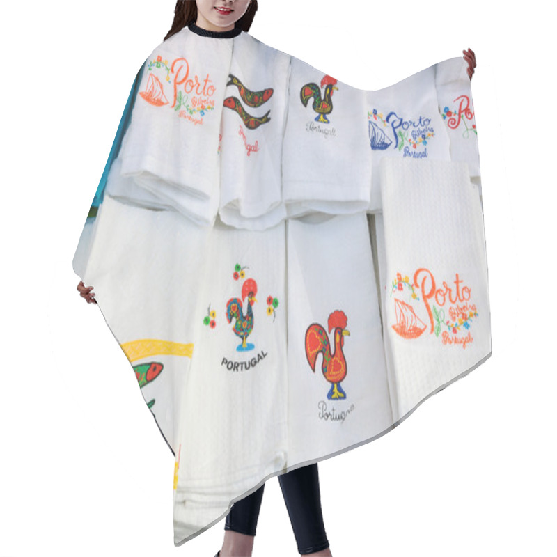 Personality  Souvenir Towels With Embroidery Of The Galo De Barcelos (Barcelos Rooster) And Other Traditional Symbols Of Portugal At The Street Market In Porto (Portugal). Hair Cutting Cape