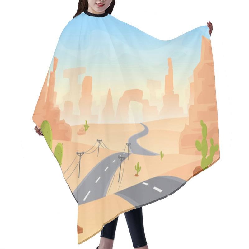 Personality  Desert Texas Landscape. Vector Cartoon Desert With Road, Cactuses And Rock Mountains. Hair Cutting Cape