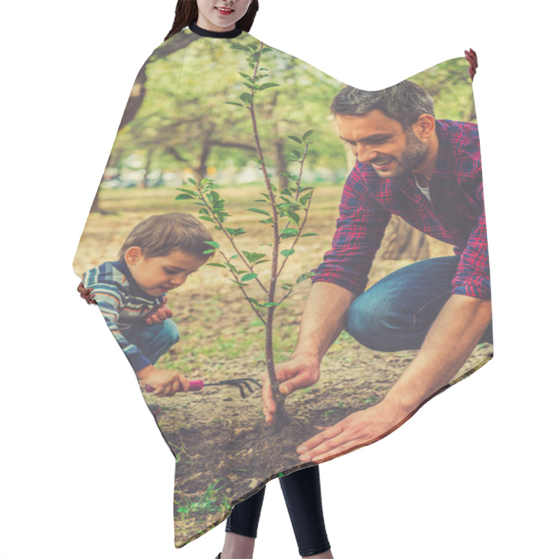 Personality  Man Planting Tree With Little Son Hair Cutting Cape