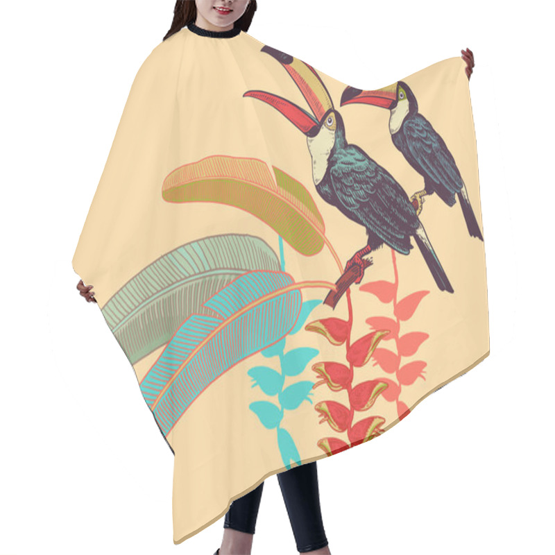 Personality  Poster With Birds Toucans, Tropical Leaves And Flowers. Vector Illustration. Motives Of Exotic Nature. Vintage. Template For Printing On T-shirts, Summer Clothes And Bags, Decorating Shop Windows. Hair Cutting Cape