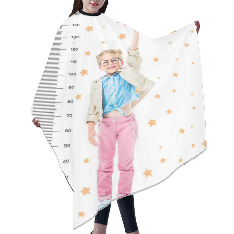 Personality  Happy Kid In Eyeglasses Standing On Pile Of Books To Be Higher Isolated On White With Stars And Growth Measures Hair Cutting Cape