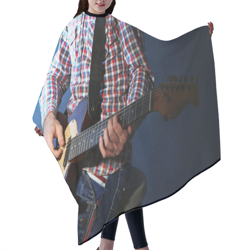 Personality  Young Man Playing On Electric Guitar  Hair Cutting Cape