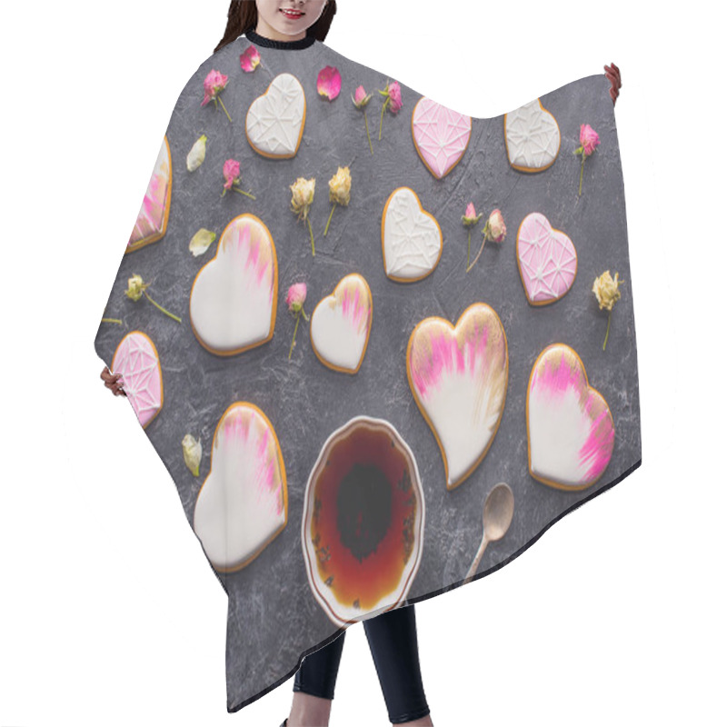 Personality  St Valentines Day Flat Lay With Cup Of Tea, Glazed Heart Shaped Cookies And Decorative Flowers On Dark Tabletop Hair Cutting Cape