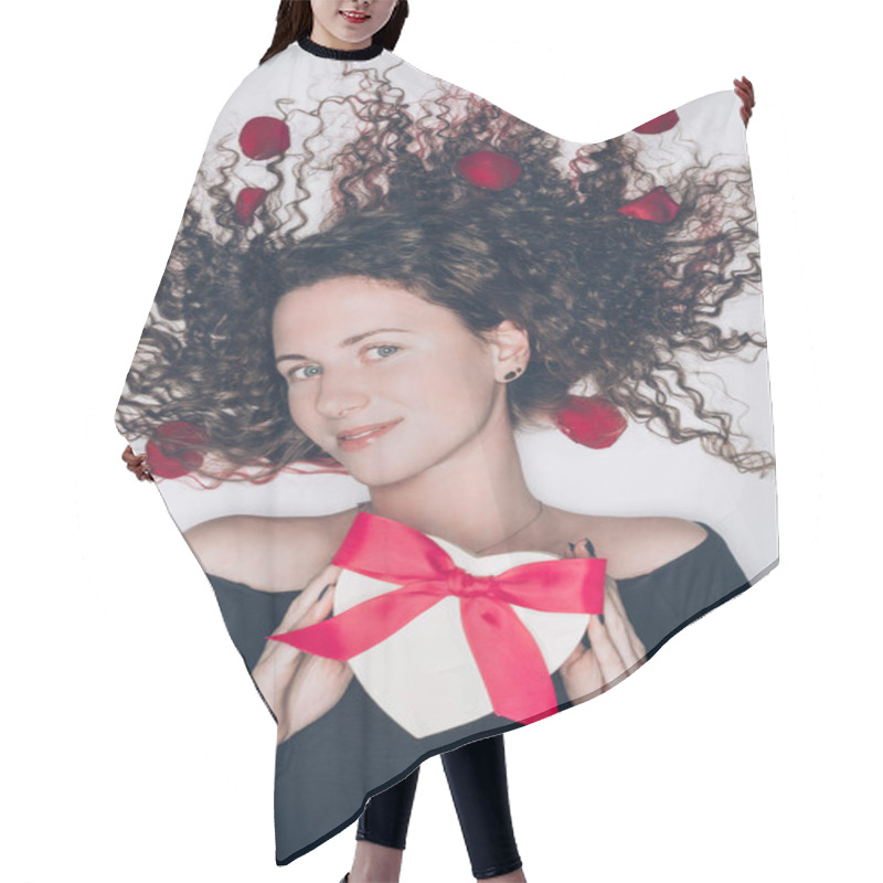 Personality  Beautiful Young Woman With Curly Hair Holding Valentines Day Gift Isolated On White Hair Cutting Cape