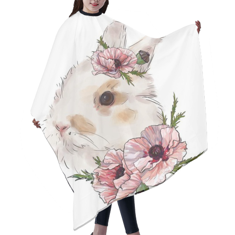 Personality  Rabbit With Pink Poppy Flowers, Cute Children's Illustration, Best T-shirt Print, Animal Print With Peonies. Rabbit On A White Background Hair Cutting Cape