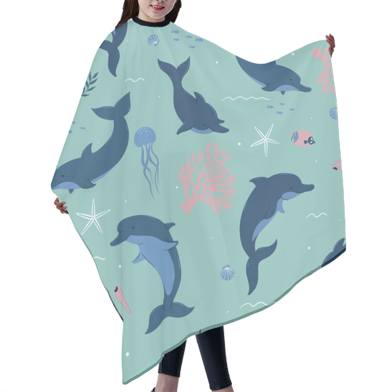 Personality  Seamless Pattern With Cute Dolphins And Marine Life. Vector Image. Hair Cutting Cape