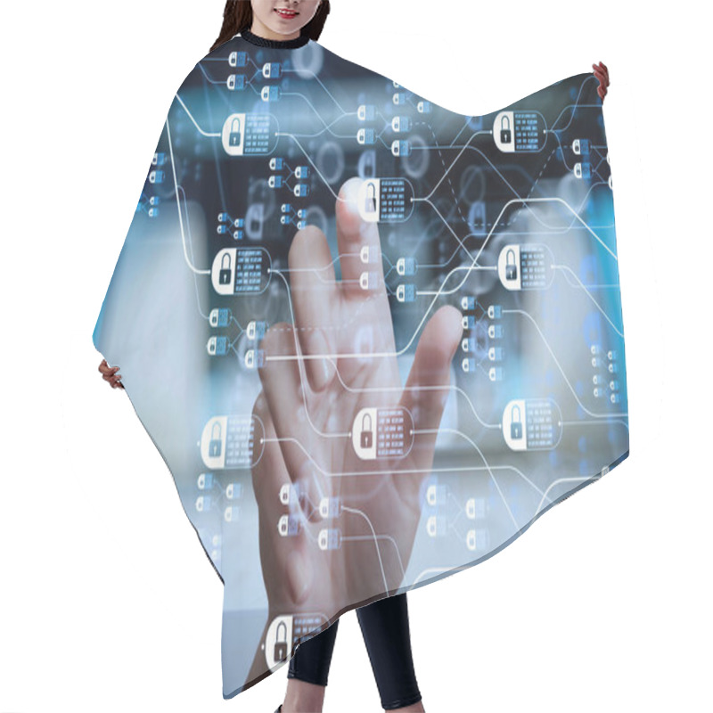 Personality  Blockchain Technology Concept With Diagram Of Chain And Encrypted Blocks.hand Working With Touch Screen Computer. Hair Cutting Cape