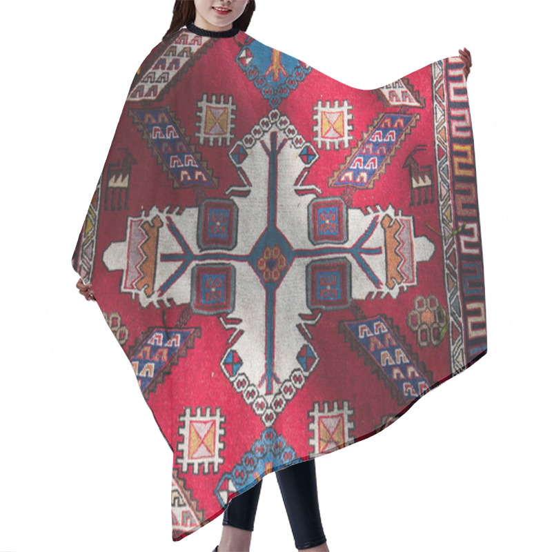 Personality  The Intricately Woven Traditional Rug Features Symmetrical Geometric Patterns In Vibrant, Colorful Tones. The Design Features A Variety Of Symbols Framed By Borders Illuminated By Soft Natural Light. Hair Cutting Cape