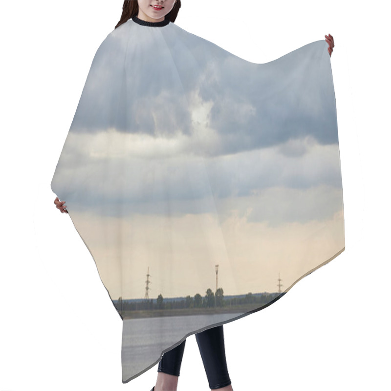 Personality  Blue Clouds, River And Coast With Electric Poles On Sunset Background Hair Cutting Cape