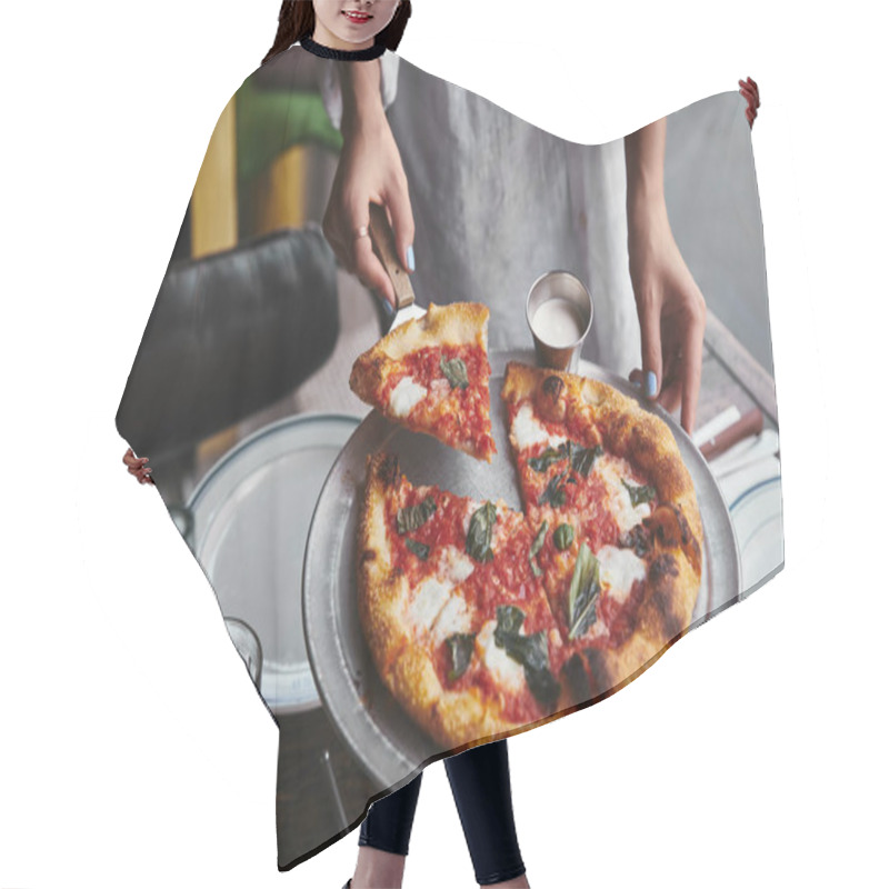 Personality  Cropped Shot Of Serving Delicious Pizza At Restaurant Hair Cutting Cape