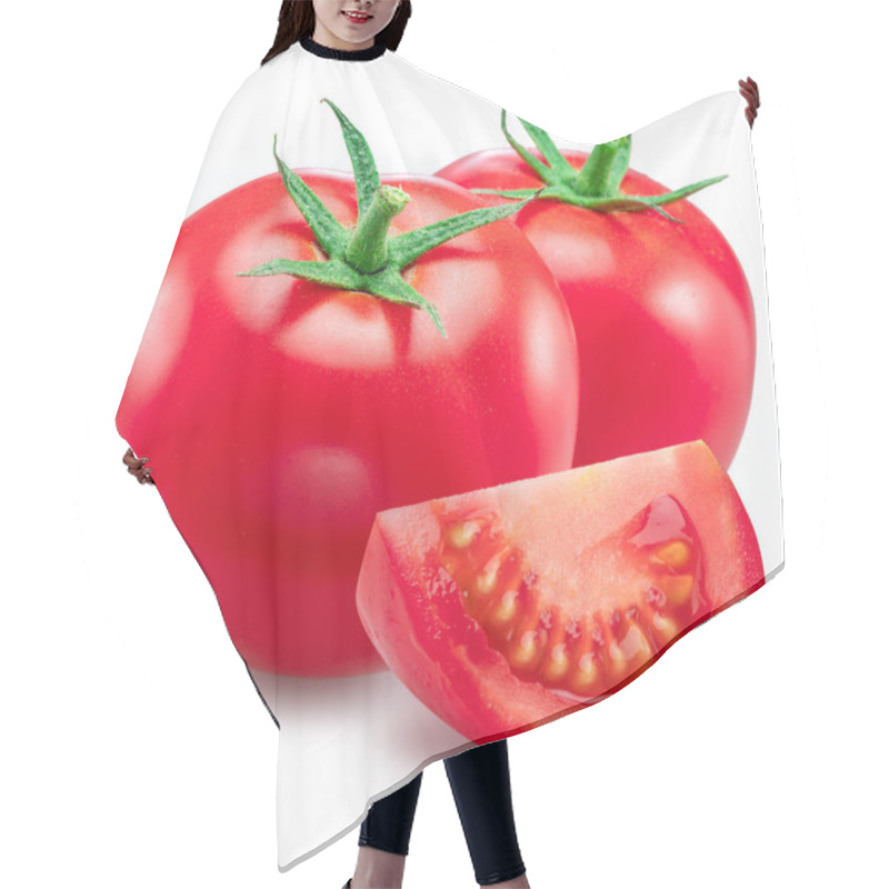 Personality  Red Tomatoes And Tomato Slice Isolated On White Background. Hair Cutting Cape