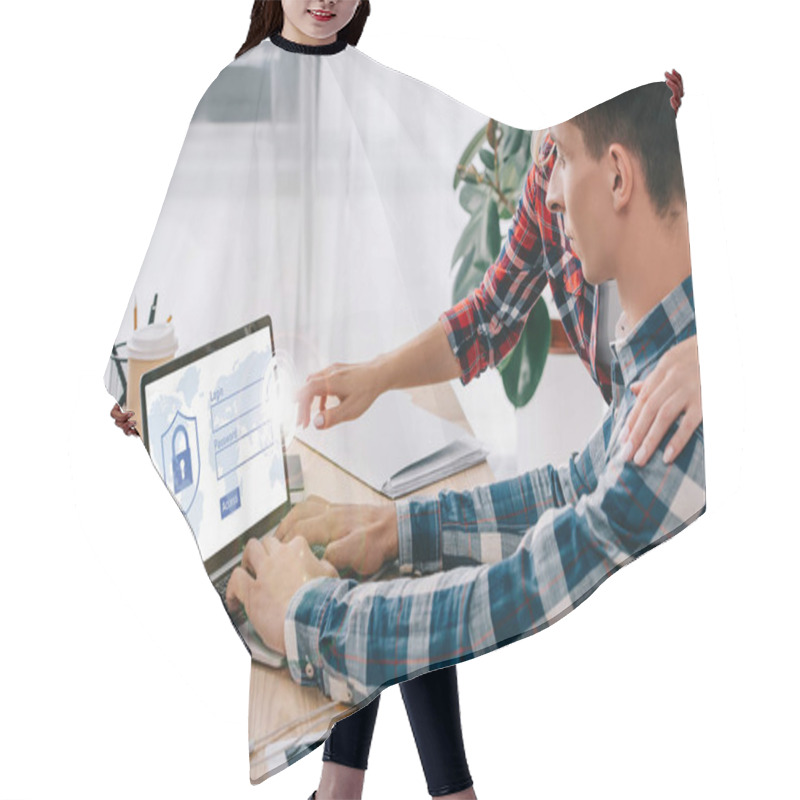 Personality  Businesswoman Pointing At Laptop With Security Password On Screen While Taking Part In Webinar Together With Colleague In Office Hair Cutting Cape