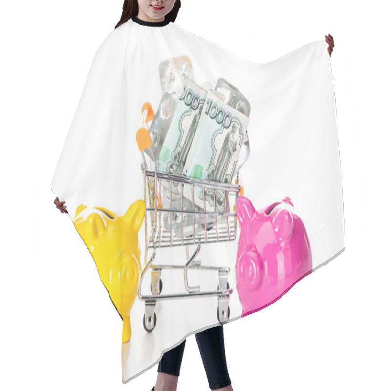 Personality  Trolley Cart With Russian Cash Money And Empty Pills Packages Near Pink Piggy Bank And Colorful Pills Isolated On White  Hair Cutting Cape