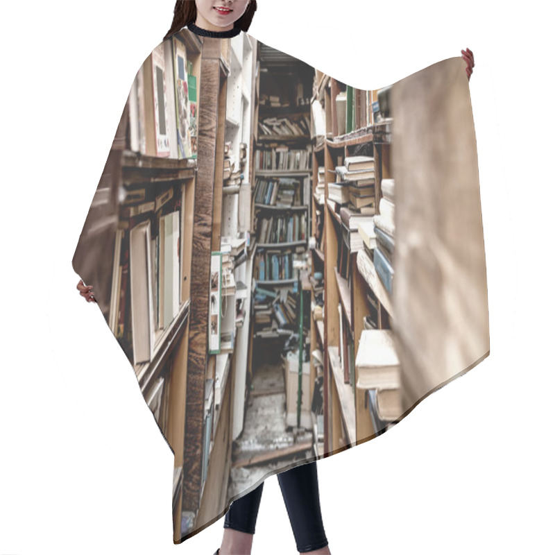 Personality  Racks With Different Books In Old Abandoned Library Hair Cutting Cape