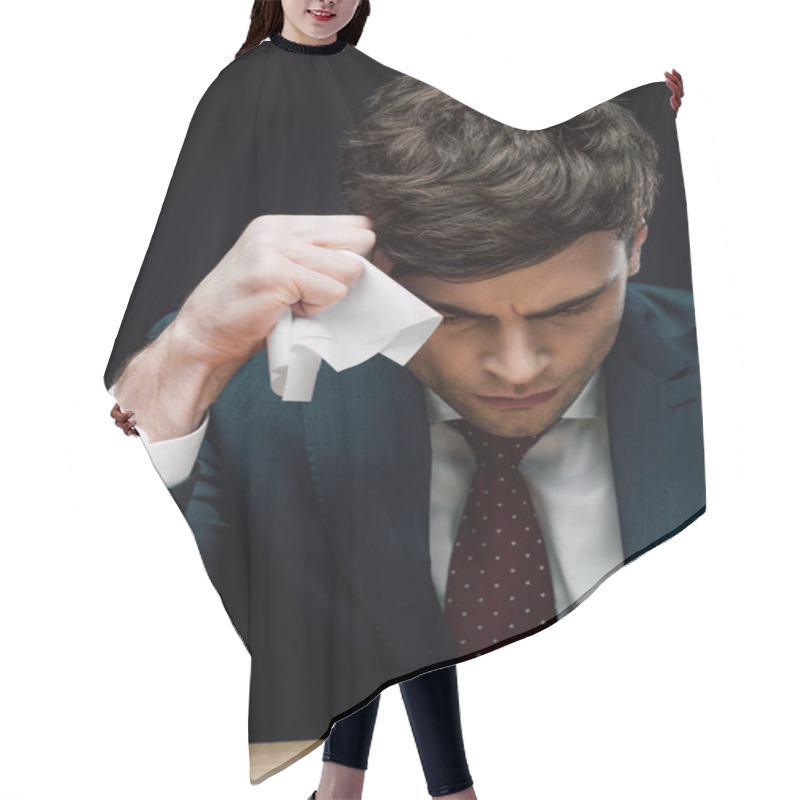 Personality  Upset Businessman Holding Crumpled Paper Near Bowed Head Isolated On Black Hair Cutting Cape