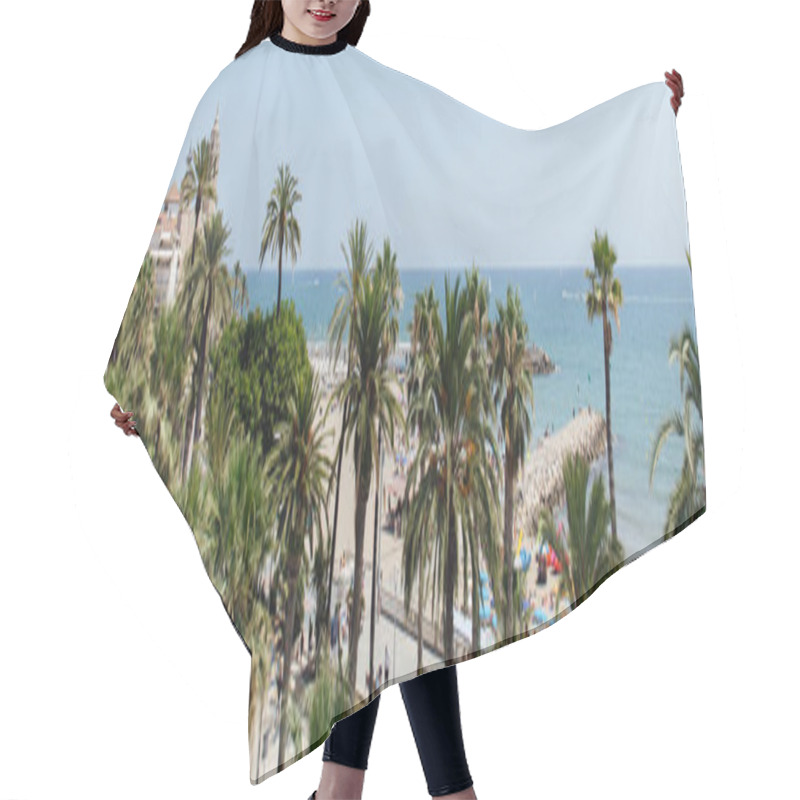 Personality  Panoramic Shot Of Palm Trees On Sea Coast In Catalonia, Spain  Hair Cutting Cape