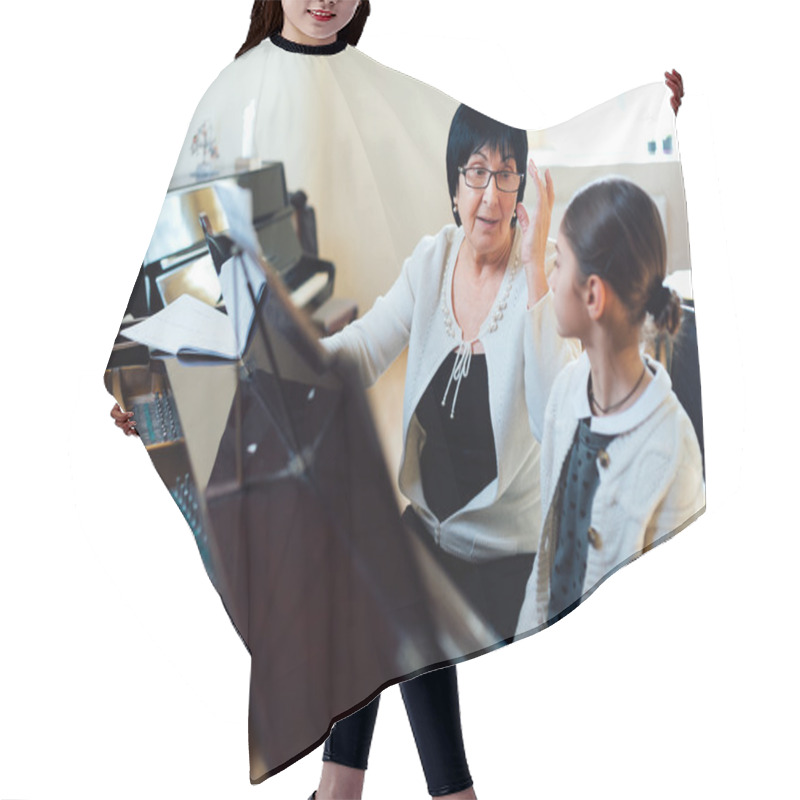 Personality  Teacher And Pupil In Class Piano Hair Cutting Cape