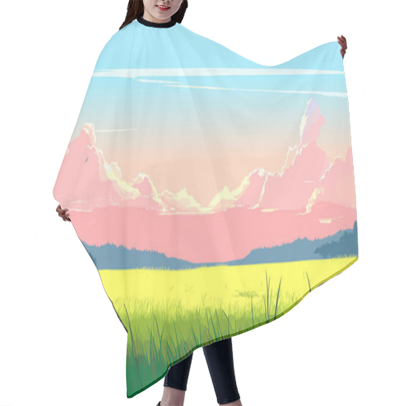 Personality  Spring Landscape With Green Hills, Meadows And Pastures. Sunrise In The Background. Vector Panorama. Hair Cutting Cape