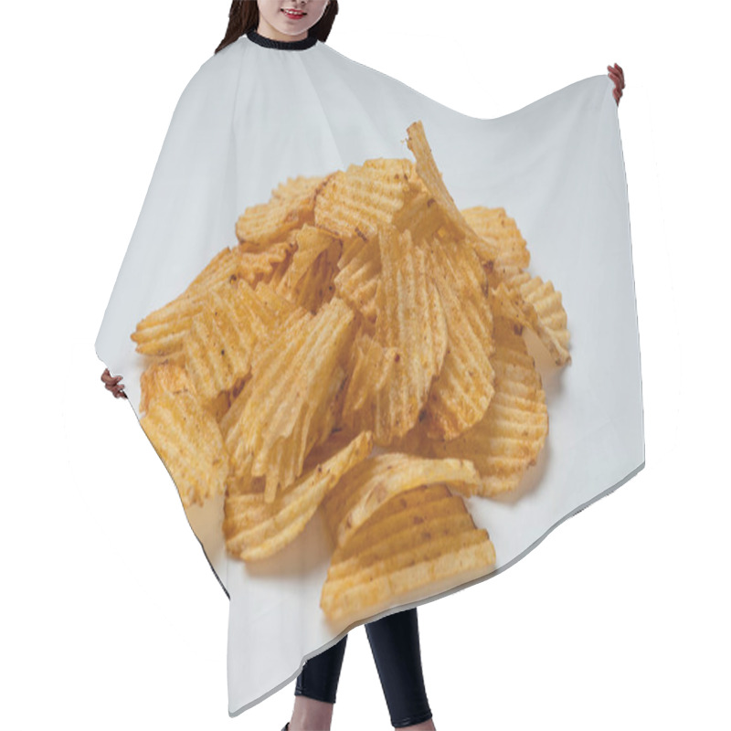 Personality  A Pile Of Wavy Potato Chips On A White Surface Hair Cutting Cape