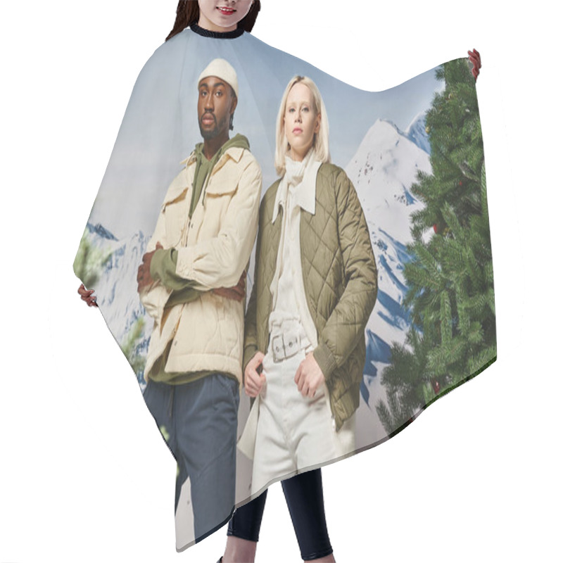 Personality  Stylish African American With Crossed Arms Posing Next To His Voguish Girlfriend, Winter Fashion Hair Cutting Cape