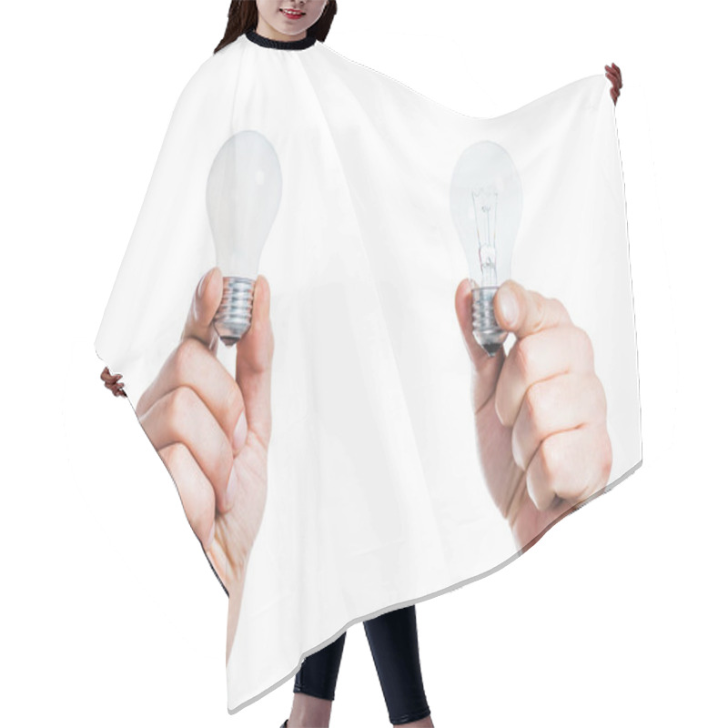 Personality  Cropped View Of Male Hands Holding Led Lamps In Hands Isolated On White, Energy Efficiency Concept Hair Cutting Cape