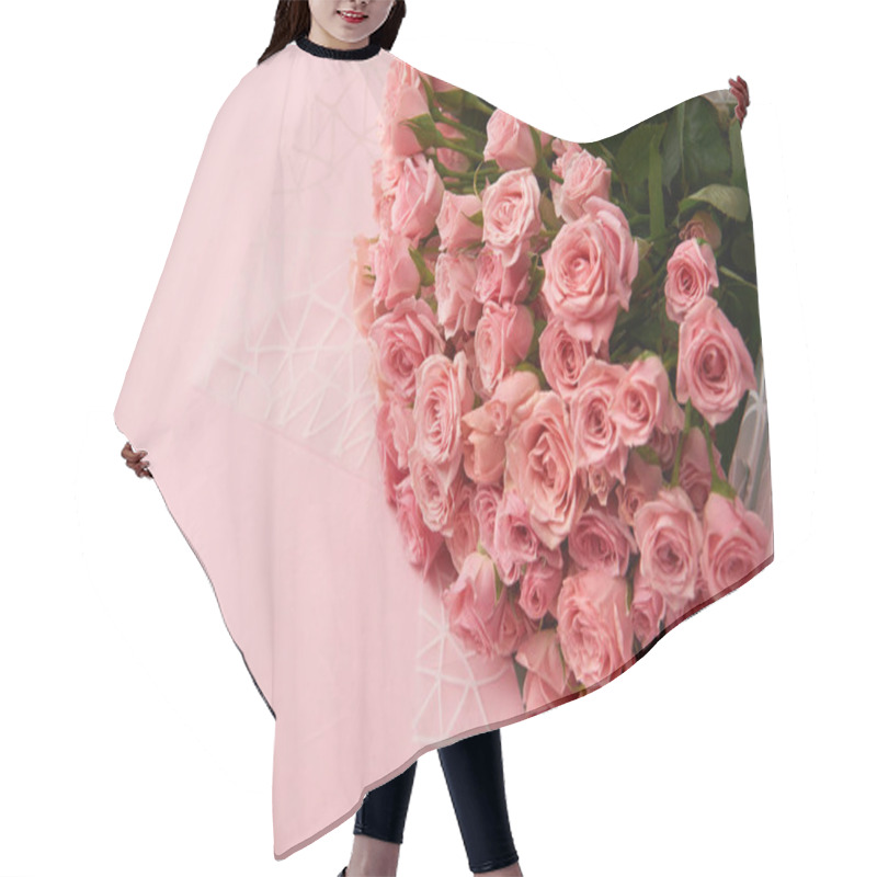 Personality  Close-up View Of Beautiful Tender Pink Rose Flowers On Pink Background Hair Cutting Cape