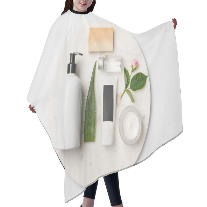 Personality  Top View Of Different Cosmetic Containers, Soap, Aloe Vera Leaf And Rose Flower On White Round Surface Hair Cutting Cape