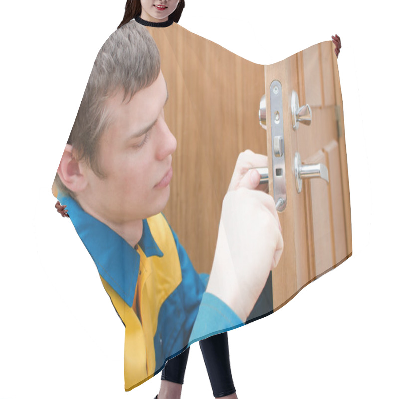 Personality  Young Handyman In Uniform Changing Door Lock Hair Cutting Cape