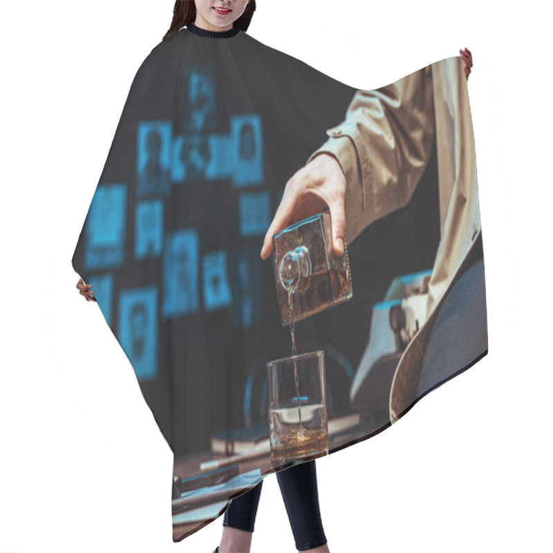 Personality  Partial View Of Detective Pouring Cognac In Glass While Sitting On Table Hair Cutting Cape