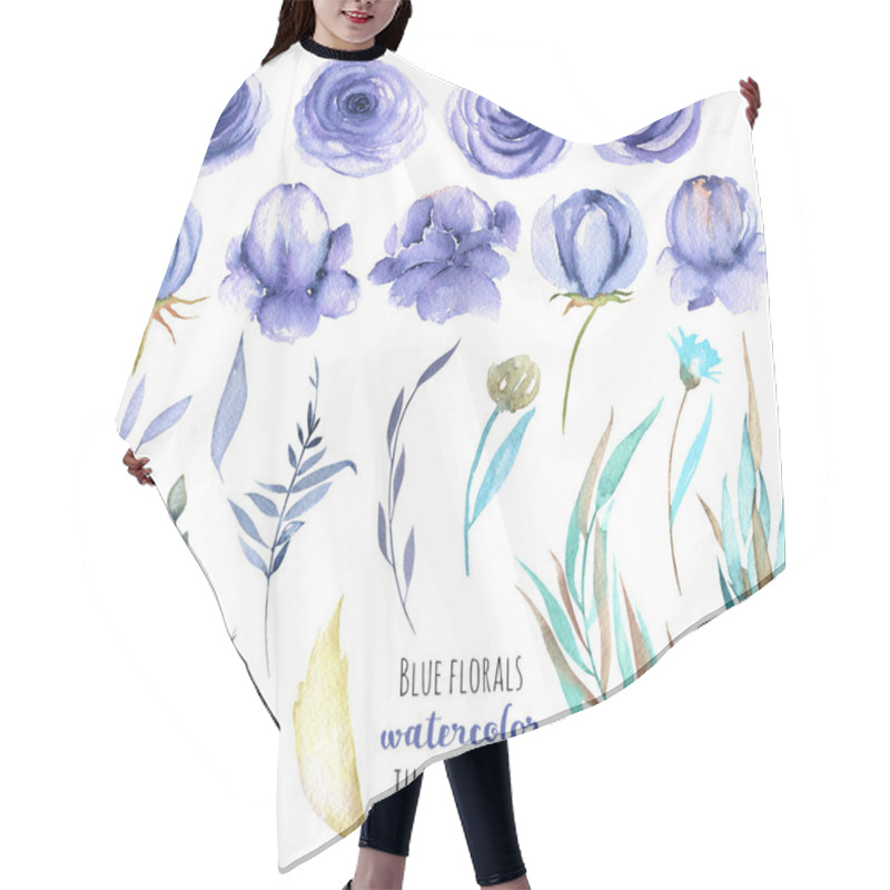 Personality  Watercolor Blue Roses, Peonies And Branches Collection, Isolated Elements Set, Hand Painted On A White Background Hair Cutting Cape