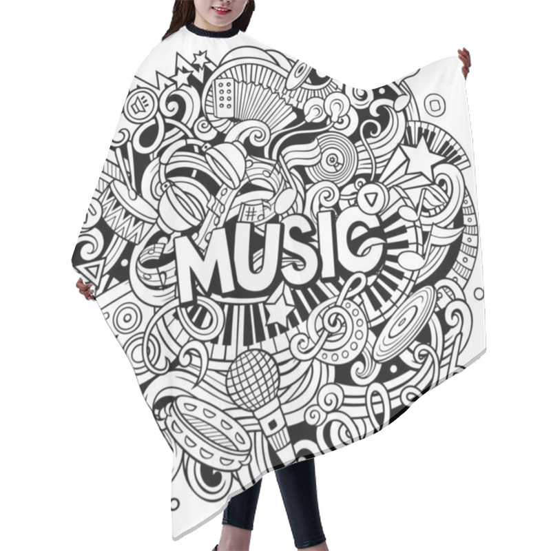 Personality  Music Hand Drawn Raster Doodles Illustration. Musical Design. Sound Elements And Objects Cartoon Background. Sketchy Funny Picture.  Hair Cutting Cape