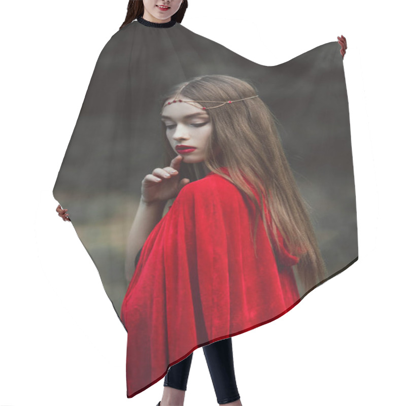 Personality  Mystic Girl In Red Cloak And Elegant Wreath In Forest Hair Cutting Cape