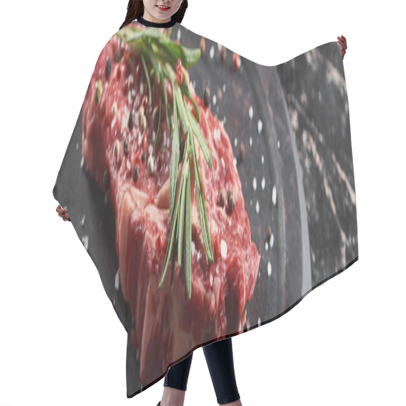 Personality  Panoramic Shot Of Raw Beef Fillet With Rosemary Twig Sprinkled With Salt And Pepper On Round Wooden Surface Hair Cutting Cape