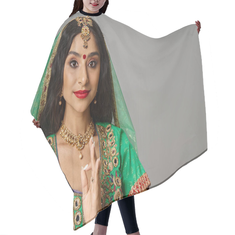 Personality  Portrait Of Beautiful Indian Woman With Bindi Dot On Forehead Gesturing And Looking At Camera Hair Cutting Cape