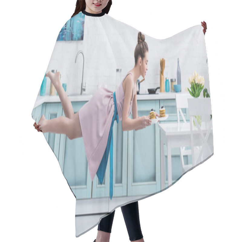 Personality  Young Happy Barefoot Woman Flying In Air While Serving Tasty Pancakes Hair Cutting Cape