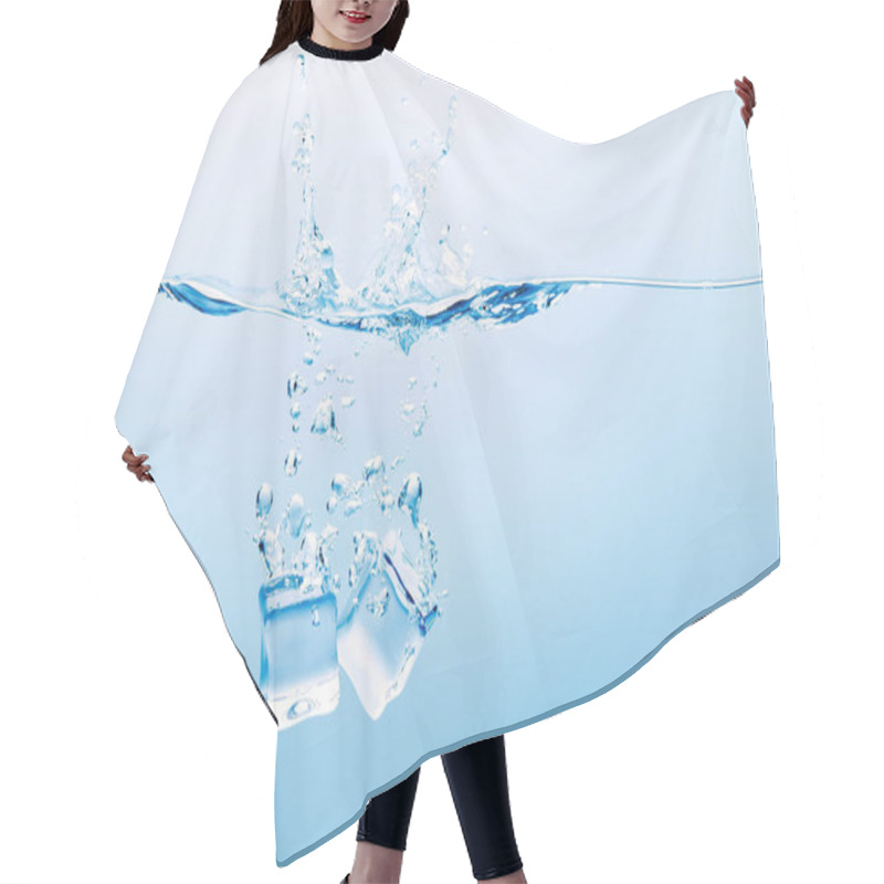 Personality  Transparent Water With Splash, Bubbles And Ice Cubes On Blue Background Hair Cutting Cape