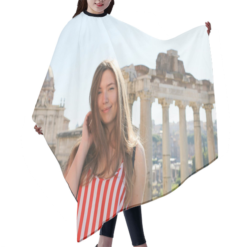 Personality  Young Girl Standing In Ruins Of Roman Forum Background In Rome, Italy. Hair Cutting Cape