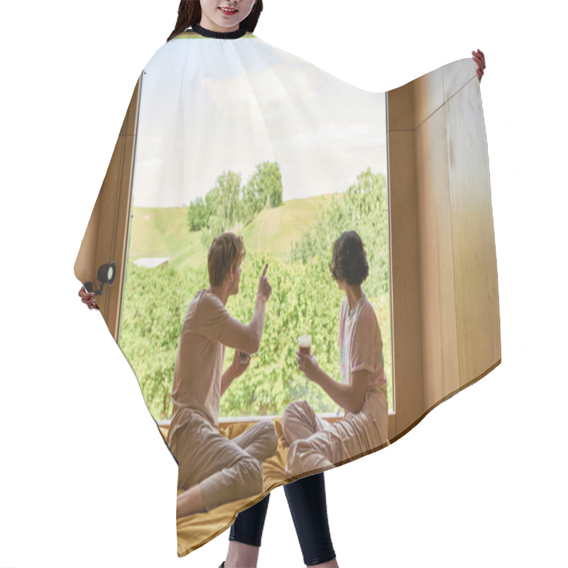 Personality  Back View Of Man Pointing At Green Trees Behind Window, Couple Holding Cups Of Coffee In Bedroom Hair Cutting Cape