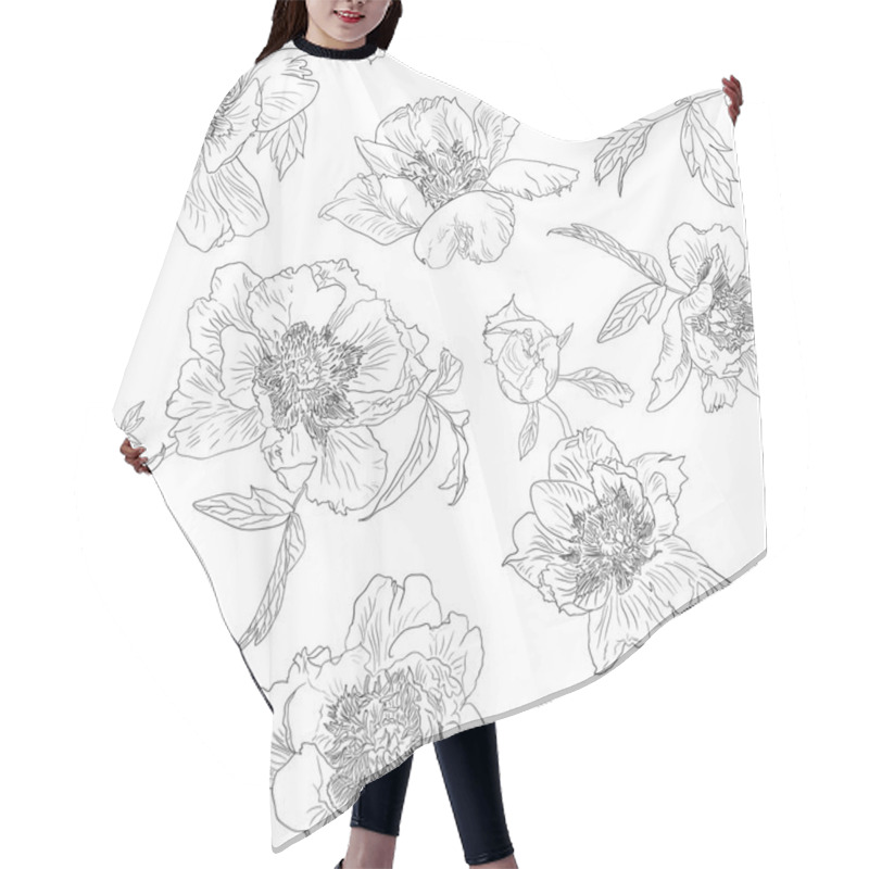 Personality  Seamless Pattern Outline Flowers Peony, Black White Background. Peonies Monochrome. Hair Cutting Cape