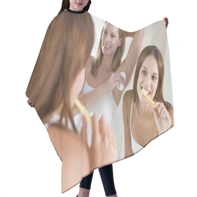 Personality  Two Women In Bathroom Brushing Teeth Applying Deodorant And Smil Hair Cutting Cape