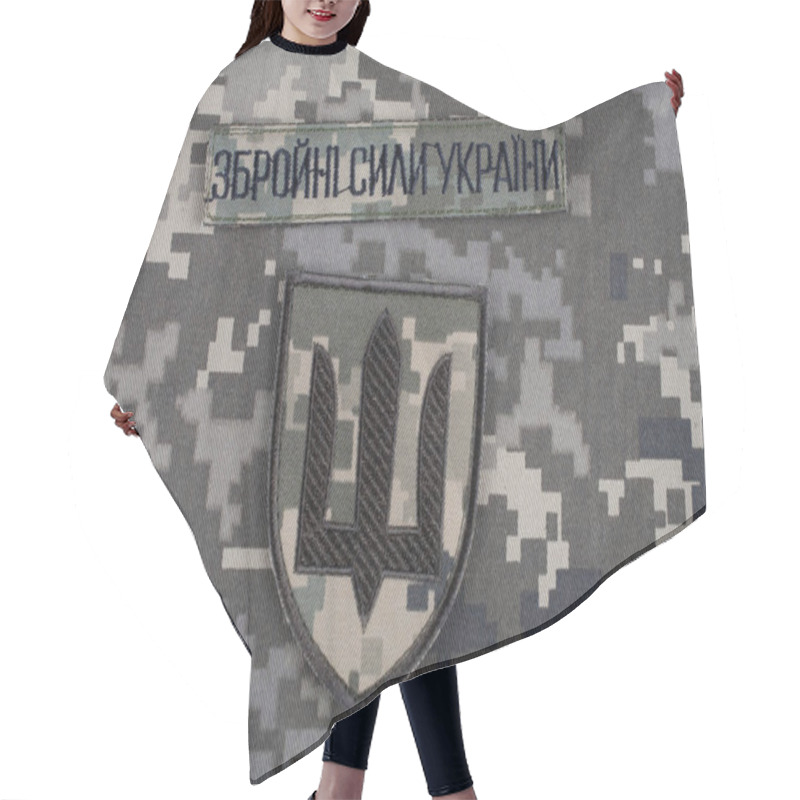 Personality  KYIV, UKRAINE - October 6, 2022. Russian Invasion In Ukraine 2022. Ukraine Army Uniform Insignia Badges On Camouflaged Uniform Background. Text In Ukrainian - Armed Forces Of Ukraine. Hair Cutting Cape